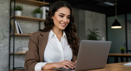 Smiling young professional woman in a brown blazer and white shirt working on a laptop in a modern office environment