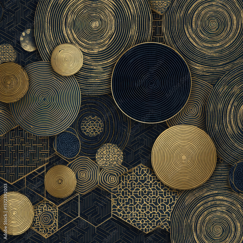 Poster seamless pattern featuring kanok curls blending with circles in a rich gold and blue design for text