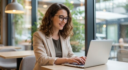 Smiling woman wearing glasses and a blazer works diligently on her laptop in a modern cafe setting