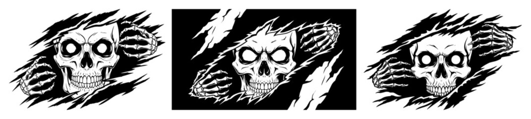 skull tearing through rips illustration icon set silhouette