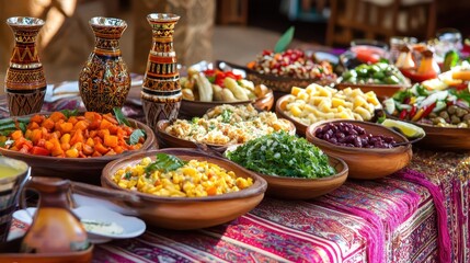 Fototapeta premium Vibrant Spread of Colorful Dishes with Traditional Decor Elements