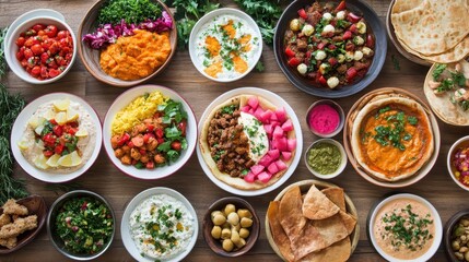 Fototapeta premium Vibrant spread of diverse Indian cuisine on wooden table