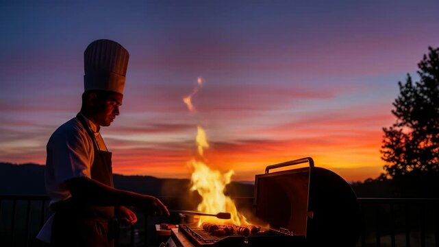 Chef Grilling at Sunset - A chef in a tall white toque prepares food on a grill outdoors as the sun sets, casting a warm orange and pink glow across the sky.