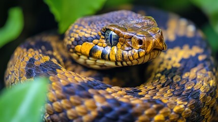 Obraz premium Close-up of a venomous snake's head and body.