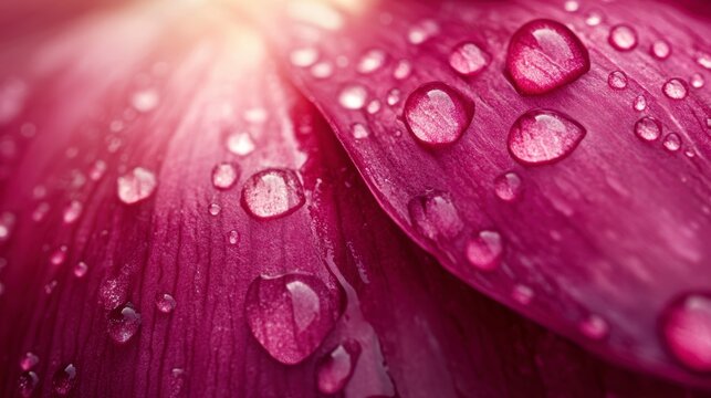 Close-up of dew drops on vibrant purple petals.