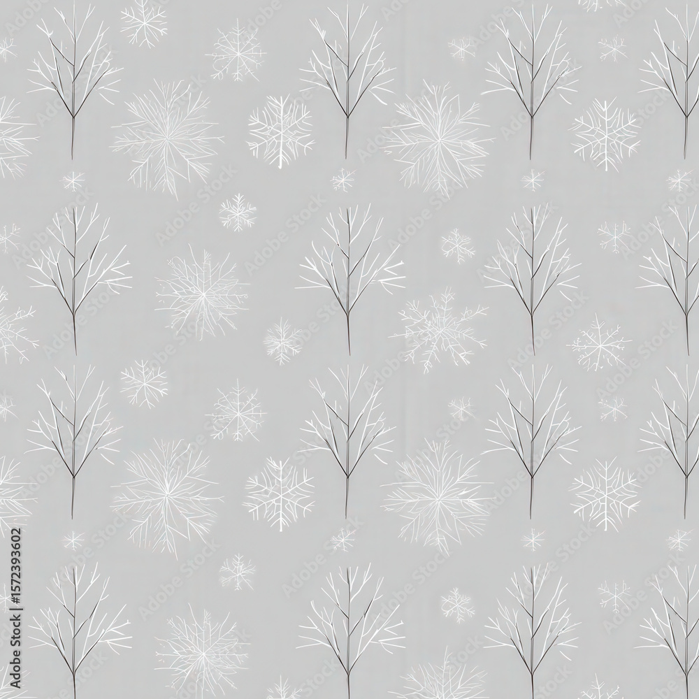 Poster seamless winter pattern featuring delicate line art of trees and snowflakes in soft gray background