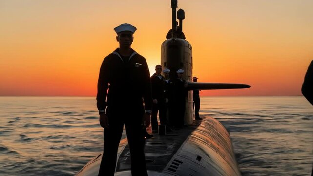Navy Submariners at Sunset - Silhouetted figures of US Navy submariners stand on the deck of a submarine at sunset. The warm, golden light of the setting sun casts a dramatic glow on the scene.