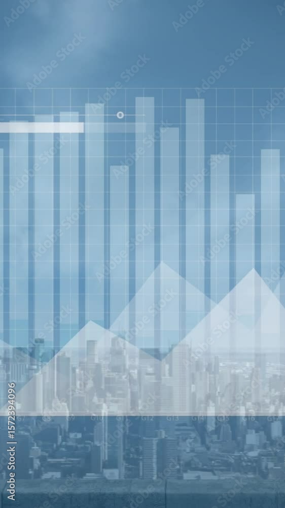 Poster animation of statistical data processing against aerial view of cityscape and clouds in the blue sky