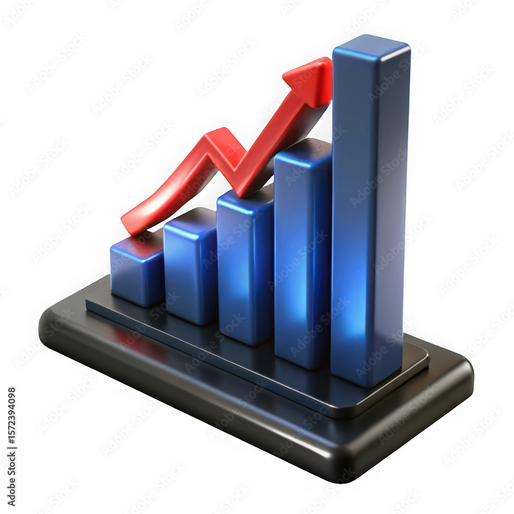 Poster photo of a 3d rendering of a bar graph with a rising arrow symbolizing business growth isolated on t