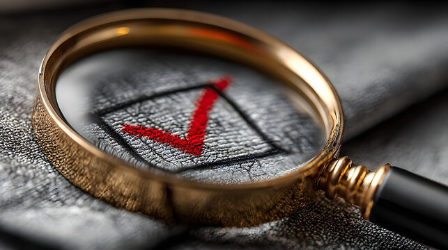 Quality control and certification assurance concept A magnifying glass highlighting a checkmark cert