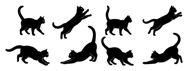 cat silhouette set walking stretching and jumping poses vector © Camel