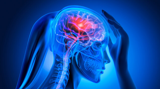 Woman with a strong headache - Brain Stroke - Medical X Ray 3D Illustration with blue background