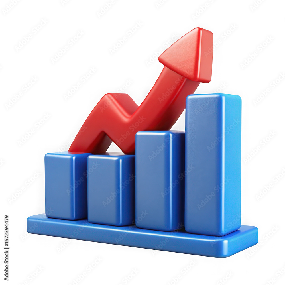 Poster photo of a 3d rendering of a bar graph with a rising arrow indicating financial success isolated on 