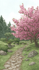 Discover a Serene Spring Landscape: A Pathway Through Blooming Cherry Trees and Lush Greenery Ideal for Tranquility and Reflection in Nature's Embrace.