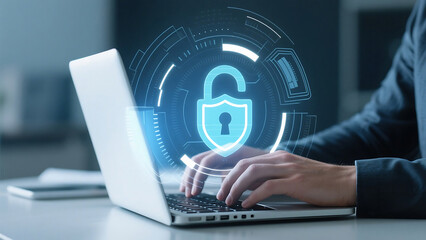 Person typing on a laptop with a digital padlock overlay representing cybersecurity and data protection