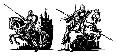 medieval knight on horseback with lance and castle © Camel