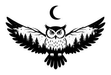 flying owl with night forest in wings and moon double exposure
