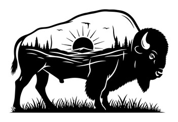 bison silhouette with prairie landscape and sun double exposure © Camel