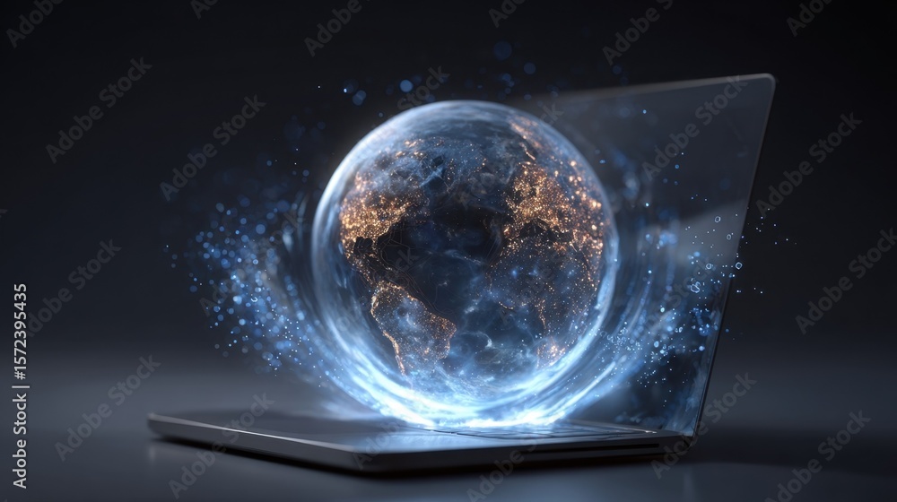 Aufkleber an innovative concept illustration of a rotating holographic globe emerging from a laptop screen sho