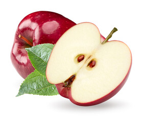 half of red apple with green leaf isolated on white background. clipping path