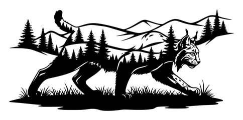 lynx silhouette with forest and mountain landscape vector art © Camel