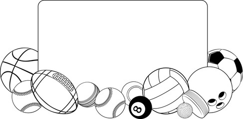 Sport ball sign board background frame surrounded by sports balls with copyspace.