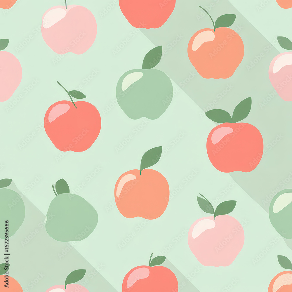 Poster minimal flat vector seamless pattern of colorful fruit icons on a soft green background for modern d