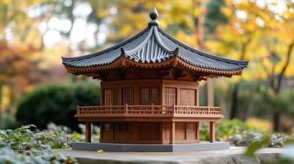 Miniature Asian pagoda in autumnal garden