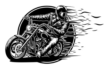 biker riding fast custom chopper motorcycle vector emblem