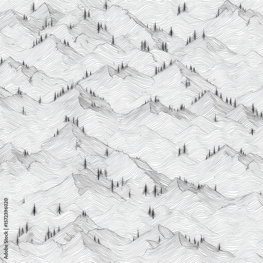 Poster minimalist seamless pattern of appalachian mountain range with intricate lines and silhouetted trees