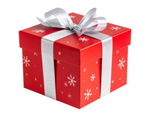 Red Gift Box with Silver Ribbon and Snowflakes Design, Isolated on a Transparent Background”.