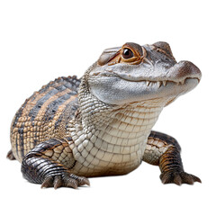 Obraz premium Stunning close-up portrait of a unique crocodile species displaying intricate texture and vibrant colors against a white background