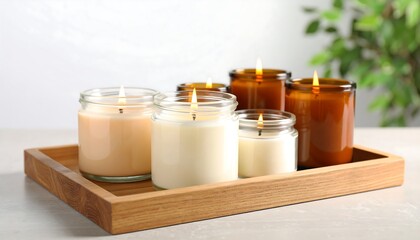 Wooden tray holds several scented candles