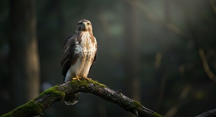 Majestic raptor perched on mossy branch