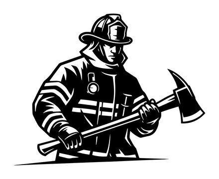 firefighter in helmet holding axe vector mascot logo