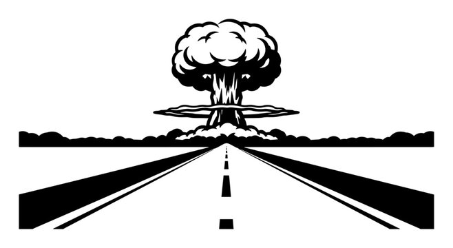 nuclear explosion at the end of a road apocalypse vector scene