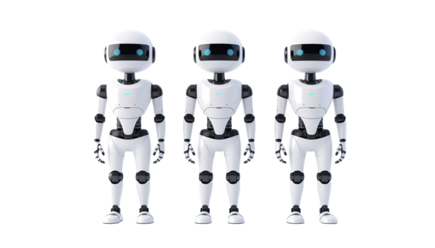 Three Friendly White Robots AI, Automation, and Technology isolated on solid white background