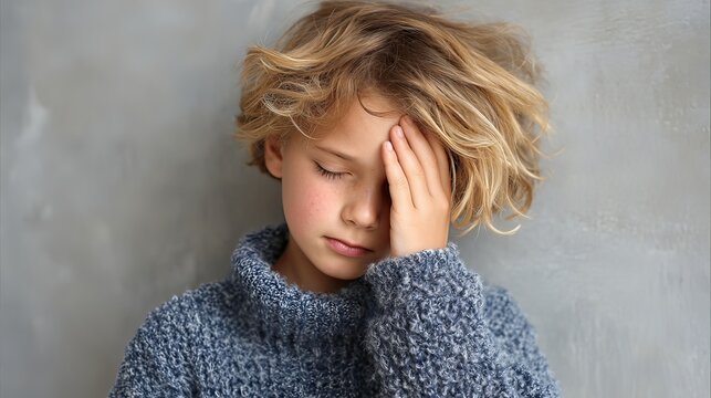 Child with hand on forehead and flushed cheeks, showing fever symptoms.