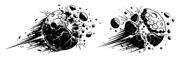 exploding planet breaking apart asteroid impact vector set © Camel