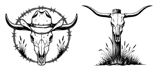 western longhorn bull skull vector illustration set