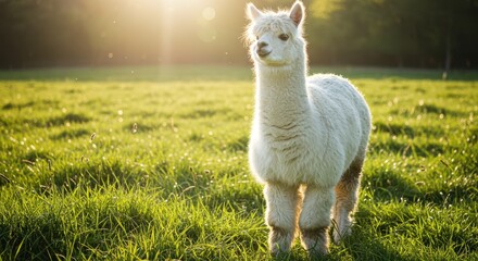 Fototapeta premium Cute and Fluffy Alpaca Standing on Green Grass with Sunlight in the Background in a Serene Nature Setting