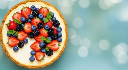 Delicious Cheesecake Topped with Fresh Berries on a Light Blue Background