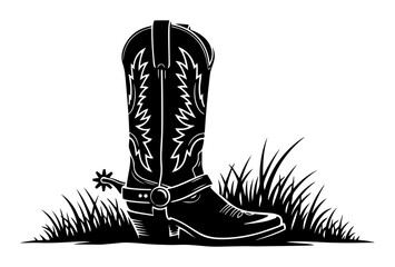 Western cowboy boot with spur in grass. Black and white vector graphic illustration.