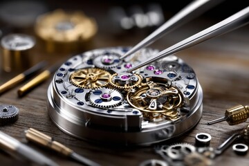 Intricate details of a mechanical watch being assembled with precision tools