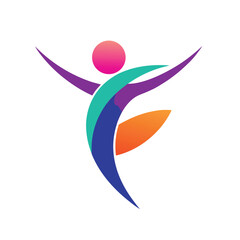Abstract human figure logo with vibrant gradient colors and dynamic curves