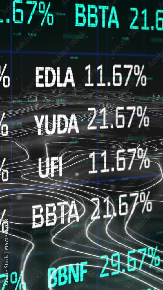 Poster animation of financial data processing over white lines