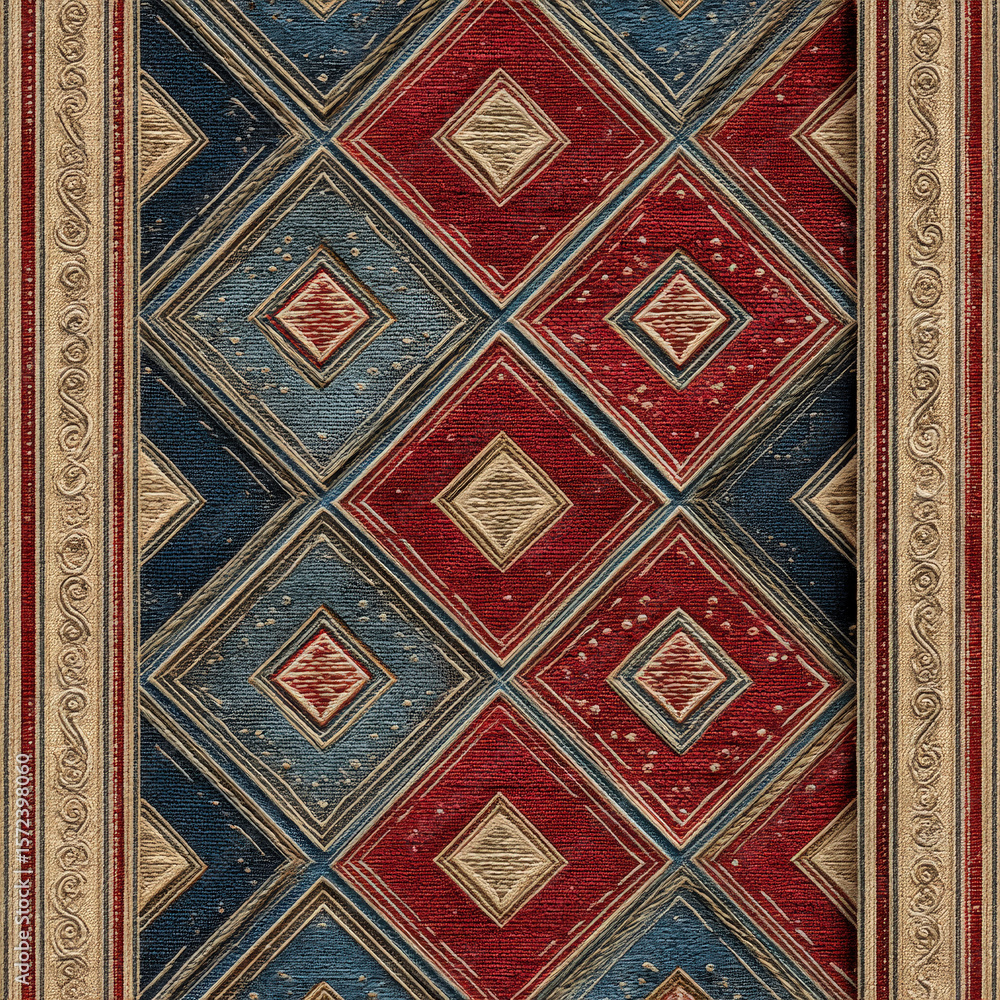 Poster textured seamless pattern of geometric shapes in red and blue tones ideal for textile applications