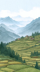 Fototapeta premium A Beautiful Watercolor Landscape of Terraced Fields and Majestic Mountains Under a Clear Sky