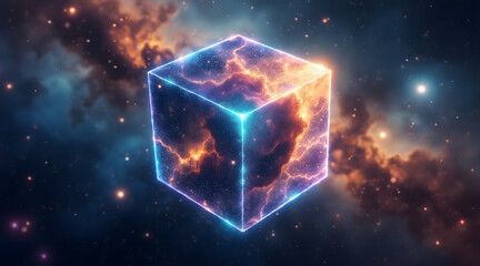 Nebula cube with glowing gas clouds and cosmic light effects in deep space, creating vibrant and mysterious atmosphere