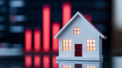 Housing Market Decline: A small house stands against a backdrop of falling red bar graphs, symbolizing a drop in real estate values.
